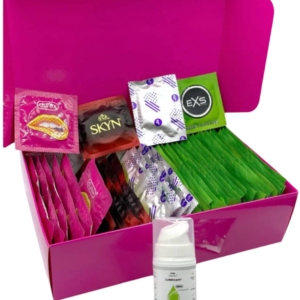 Súprava vrúbkovaných kondómov – Stimulation pack (72 ks) + SE hrejivý lubrikačný gél 15 ml + silikónové putá Handcuffs Kondómy s vrúbkami a výstupkami Pre páry