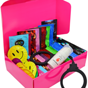 Súprava rôznych kondómov – Explore pack (72 ks) + SE jahodový lubrikačný gél 15 ml + silikónové putá Handcuffs Kondómy s vrúbkami a výstupkami Vianočné Bestsellery