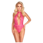 Kissable čipkované ružové body s hlbokým výstrihom a viazaním okolo krku