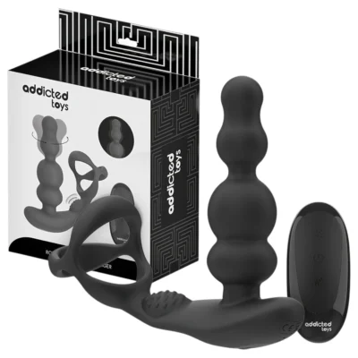 Addicted Toys - análny vibrátor s rotačnou hlavou a erekčným krúžkom - čierny