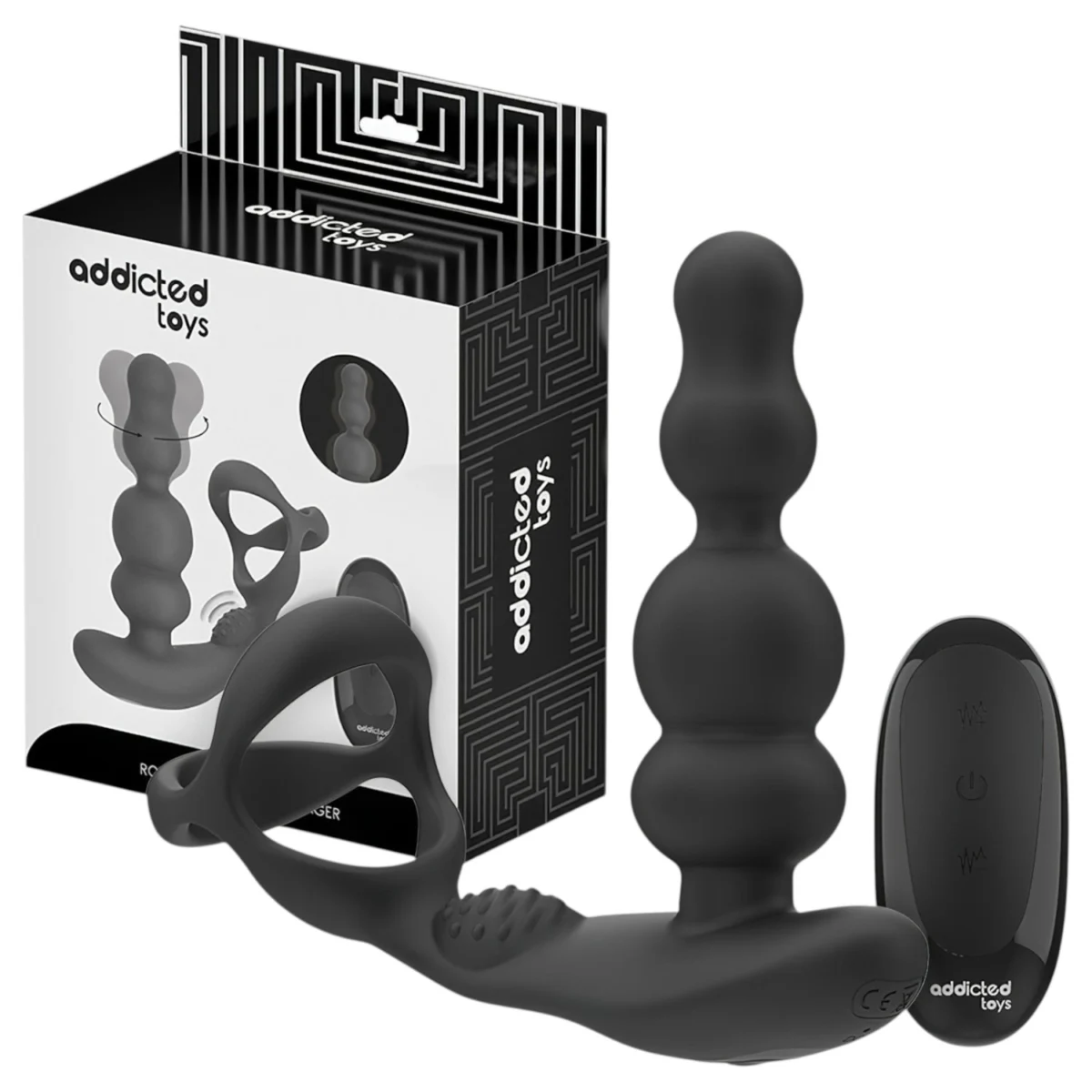 Addicted Toys - análny vibrátor s rotačnou hlavou a erekčným krúžkom - čierny