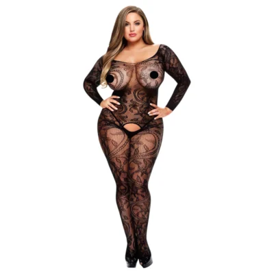 Baci Plus Size - dlhý rukáv, vzorovaná, čierna bodystocking (XL