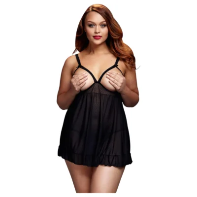 BACI Plus Size - otvorená, bodkovaná, čierna babydoll košieľka (XL
